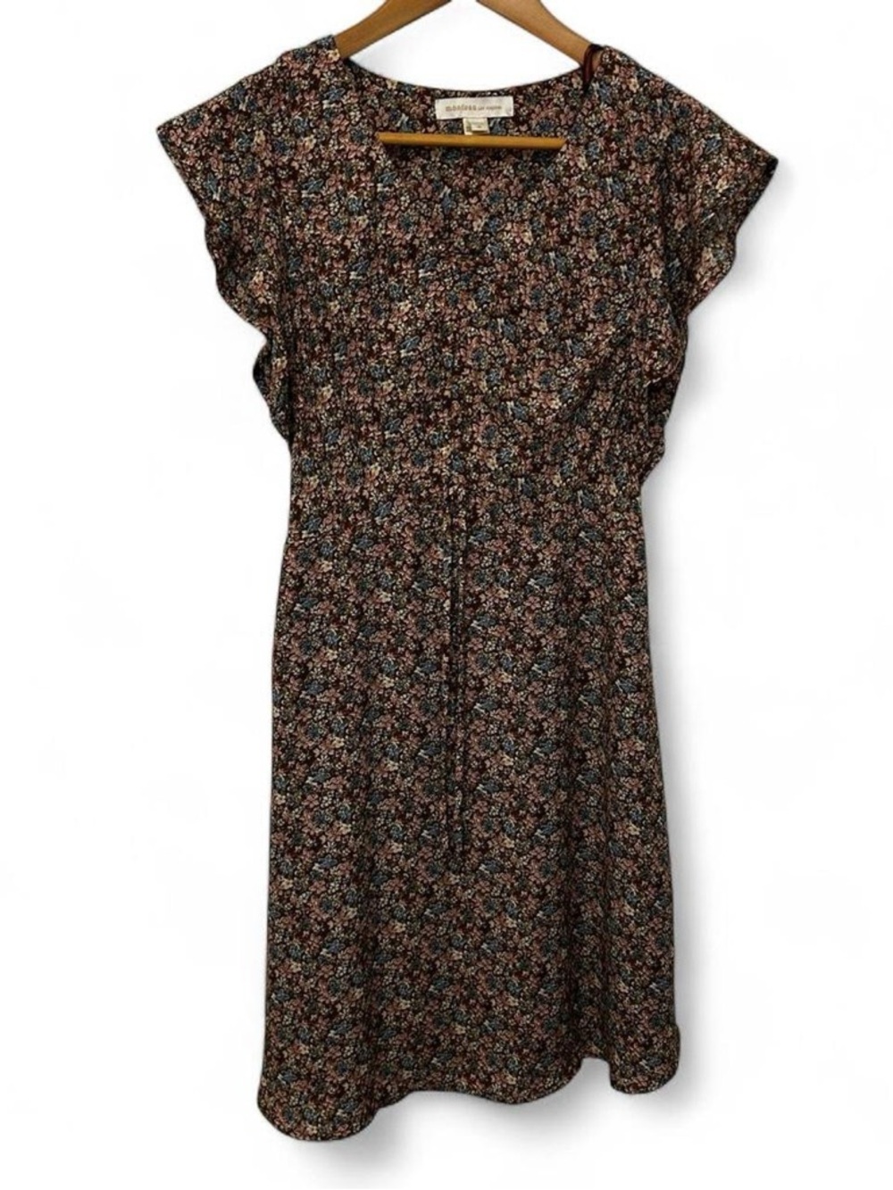 Monteau Los Angeles Brown Floral Midi Dress Womens M Cottage Prairie Tie Front